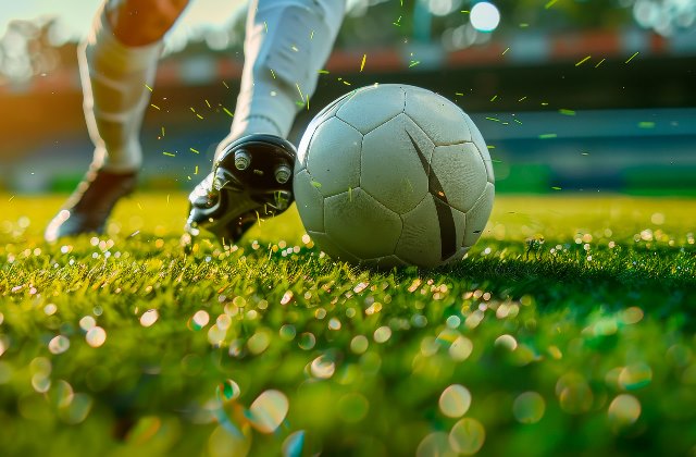 A soccer player is about to kick a white soccer ball on a green field