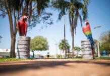 Jardim: Praça Evandro Bazzo recebe esculturas de araras e onça-pintada